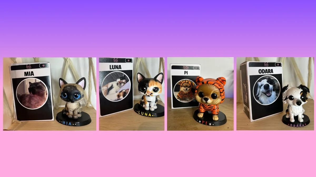 Funkos PET personalizados em caixas presenteáveis - Mia, Luna, Pi e Odara